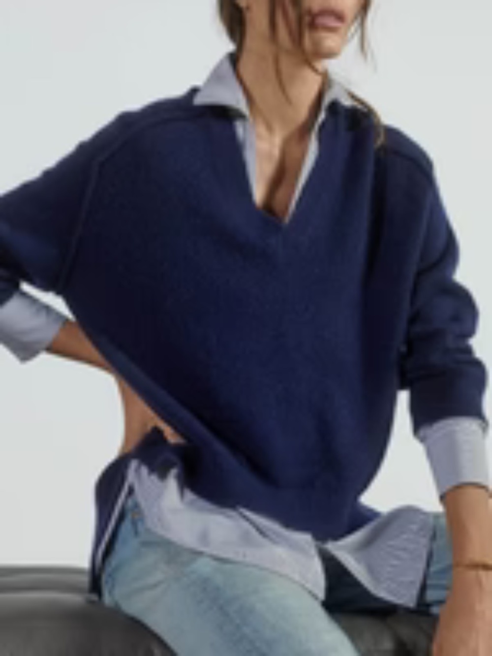 Brochu Walker Paloma navy blue V NECK WOOL CASHMERE layered pullover MEDIUM M